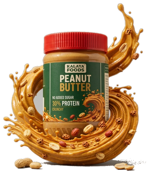 Kalaya Crunchy Peanut Butter jar with official green label surrounded by a dynamic swirl splash of rich peanut butter and roasted peanuts