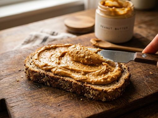Thick creamy Kalaya peanut butter being spread on a slice of toasted bread with a butter knife
