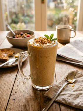 Cold creamy peanut butter banana smoothie topped with sliced bananas and chia seeds on a wooden board